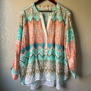 Chicos Womens 3 Embroidered Tribal Embellished Lightweight V Neck Tunic Top